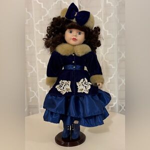 16” Elegant Vintage Porcelain Doll in Gorgeous Blue Dress